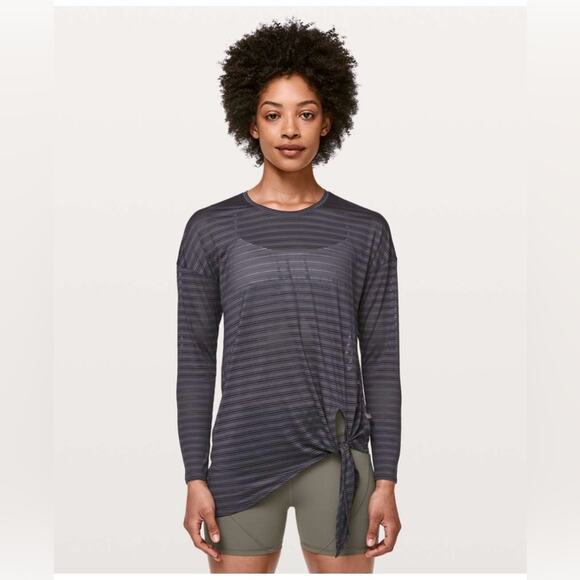Lululemon Sheer Striped Purple Tie Front Long Sleeve Yoga Top - Picture 1 of 7